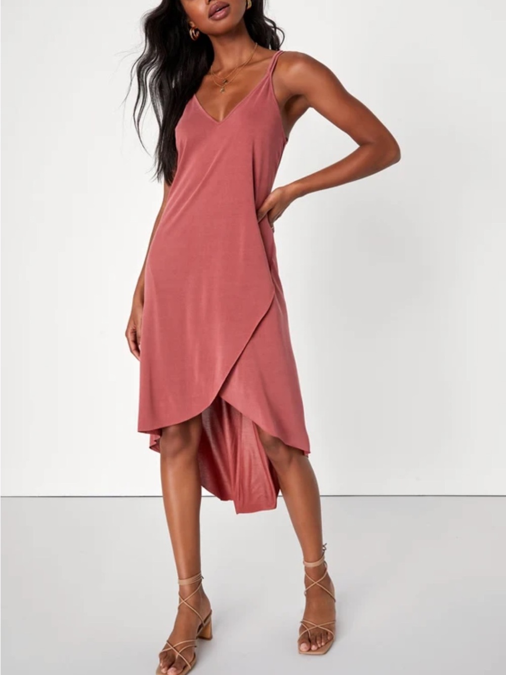 Lulu's Dusty Rose High-Low Midi Dress with Cross Back Straps
